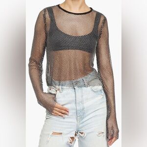 Know One Cares • Rhinestone Mesh Long Sleeve Blouse